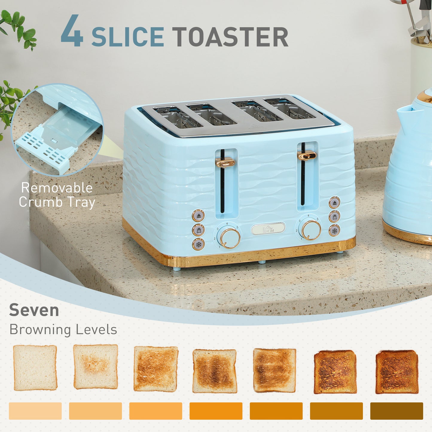HOMCOM 3000W 1.7L light blue kettle and 4-slice toaster set with browning controls and crumb tray on a kitchen counter