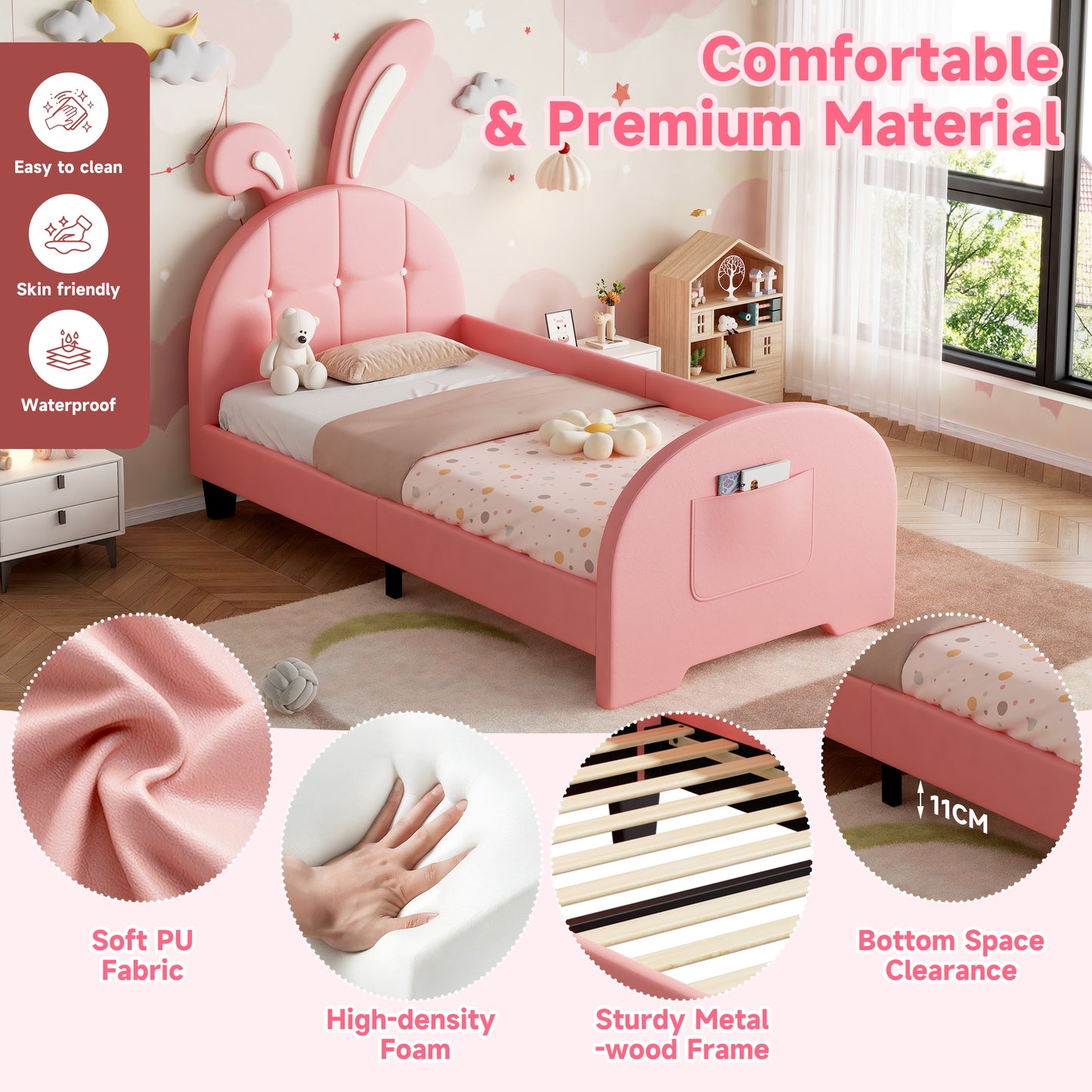 Pink HOMCOM 3ft single rabbit-shaped upholstered bed frame with bunny ear headboard, footboard storage pocket, soft PU leather, metal-wood frame