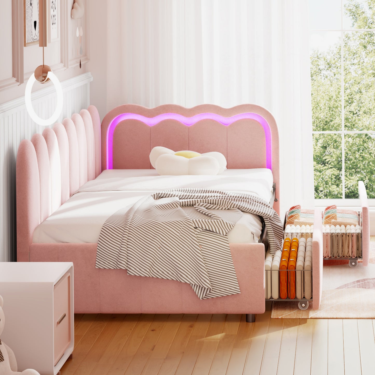 HOMCOM pink velvet 3ft single daybed with scalloped backrest, smart RGB LED lights, two storage drawers, wooden slats, reversible panel