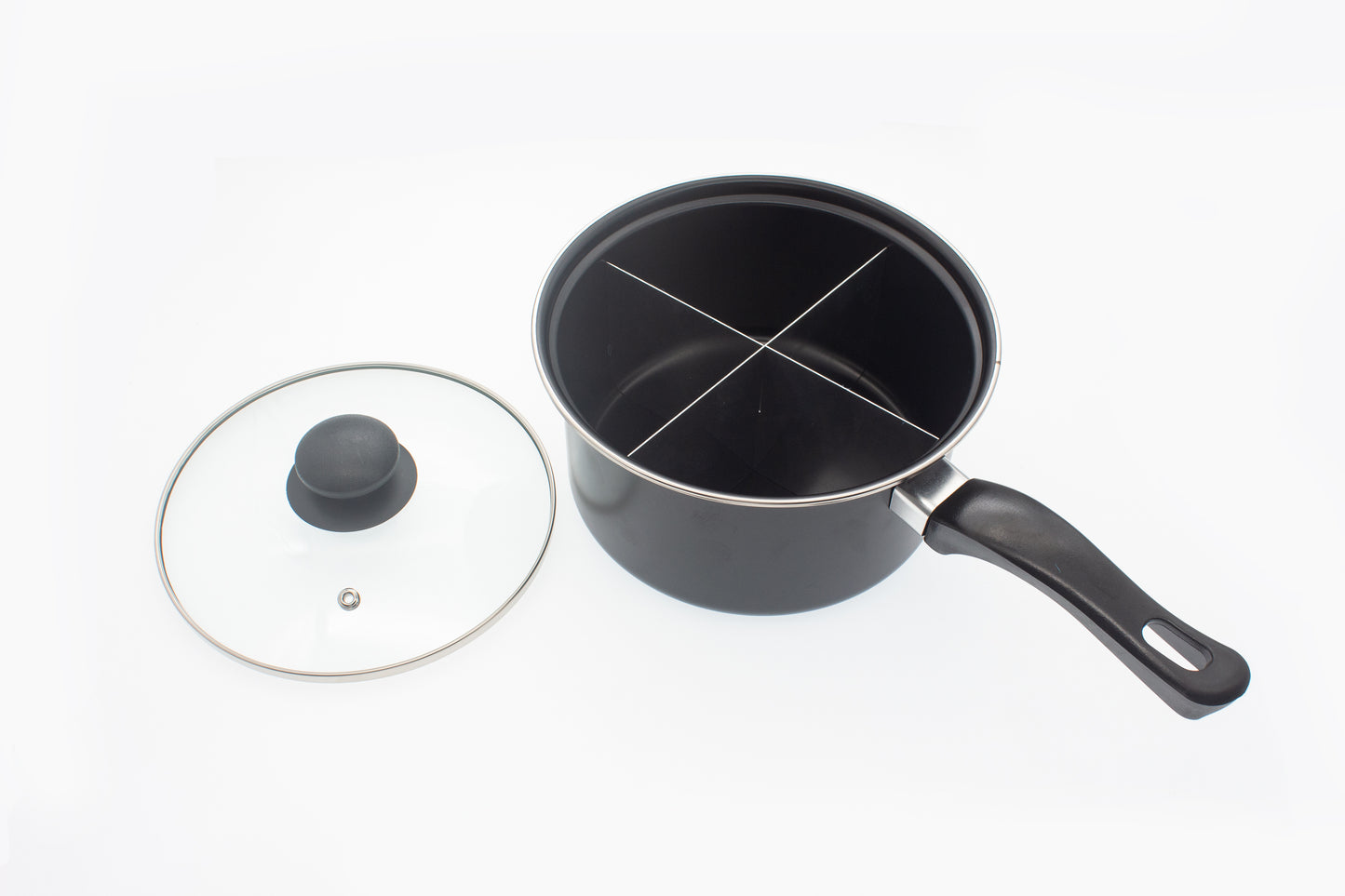 Avilo 20cm 4-way divided carbon steel saucepan with removable food divider, vented lid, and 4.9L capacity, showing the divided interior.