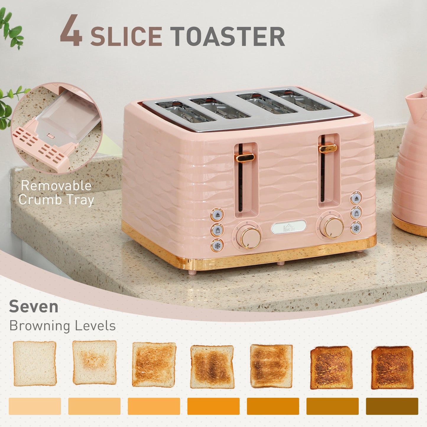 Light pink HOMCOM 3000W kettle and 4-slice toaster set with 7 browning controls and crumb tray, shown on kitchen countertop.