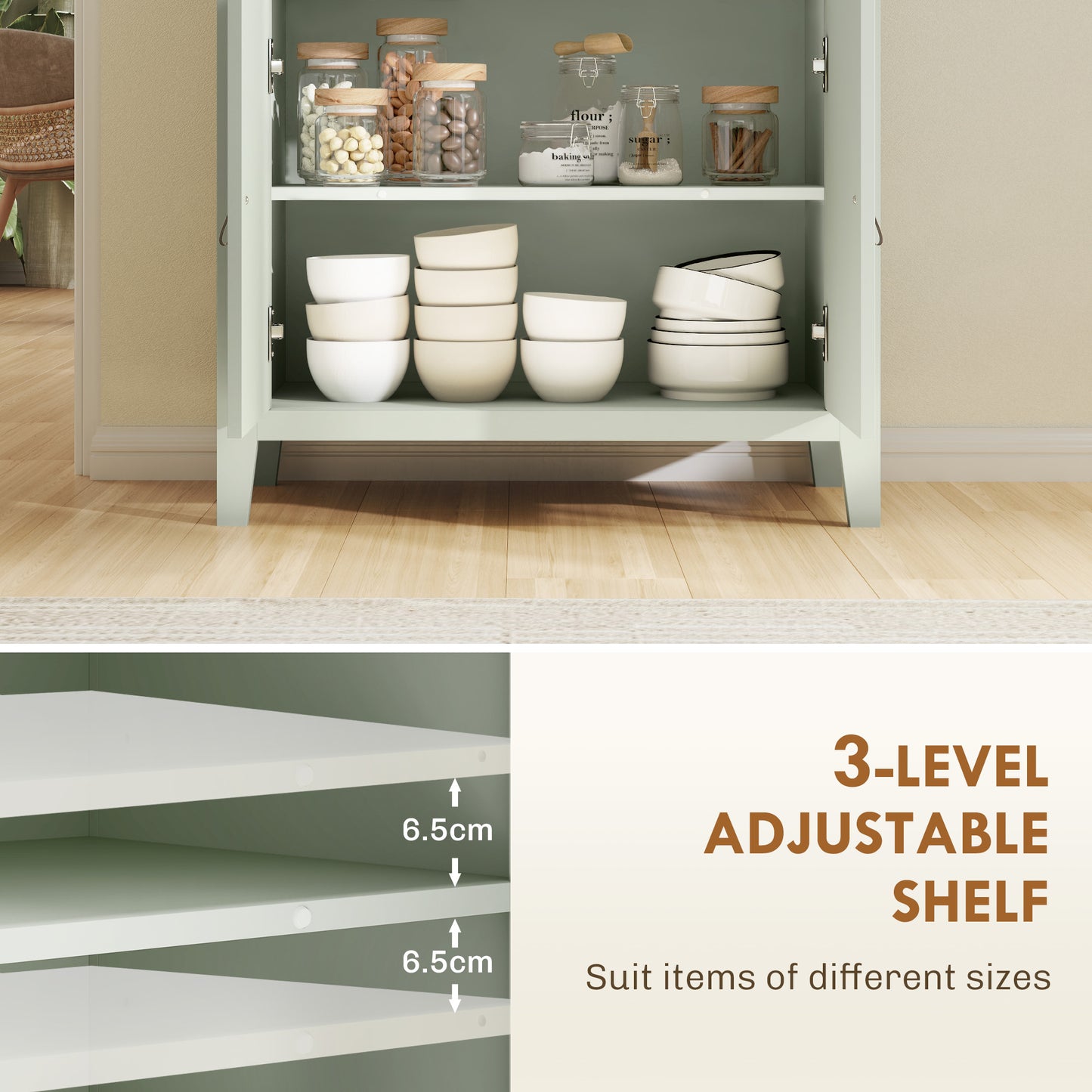 Light green HOMCOM farmhouse style sideboard with five drawers and cabinets, made of wood with a rustic finish.