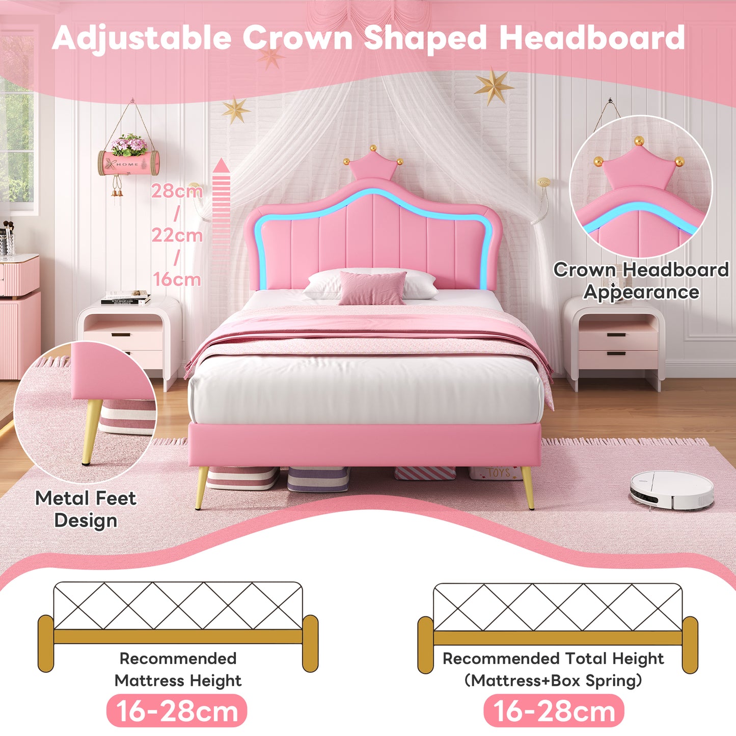 HOMCOM 3ft single upholstered bed with LED crown-shaped headboard, PU leather frame, solid wood slats, no box spring, easy to assemble