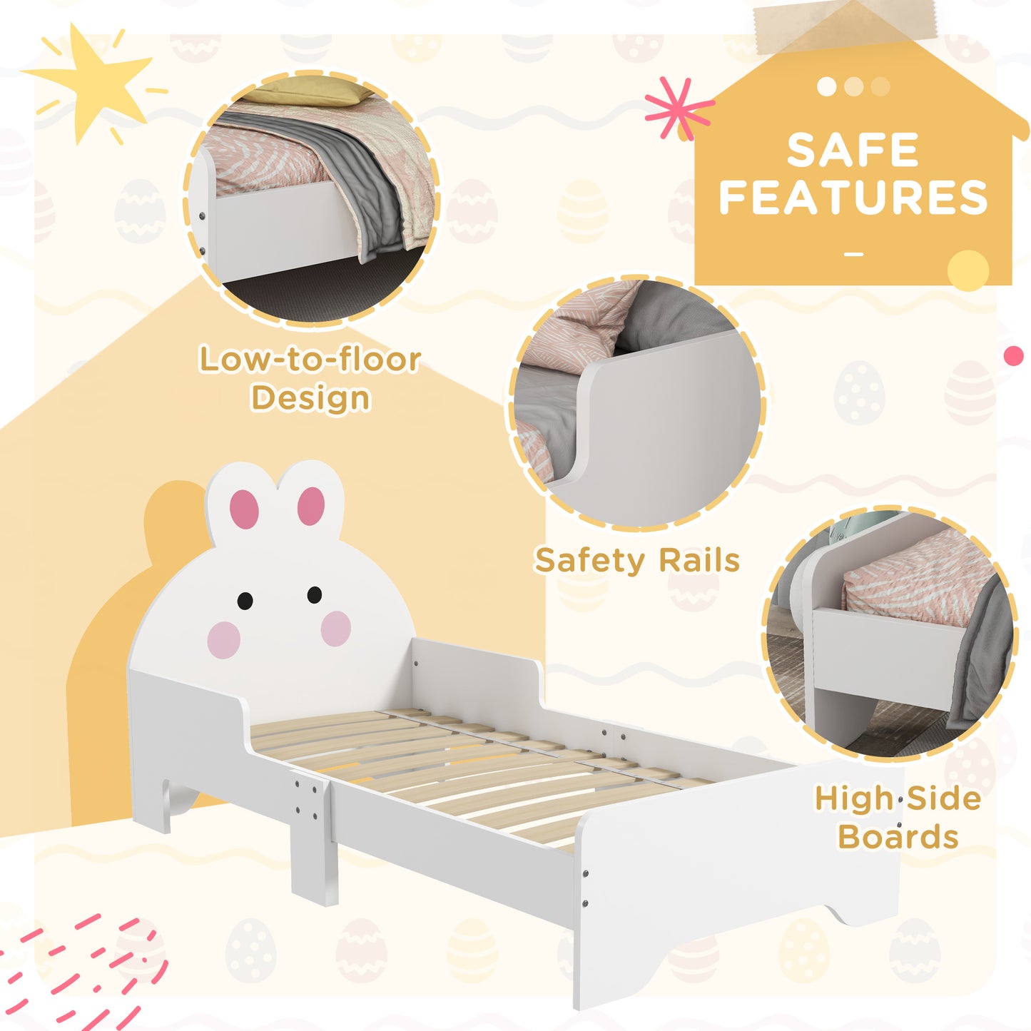 HOMCOM ZONEKIZ rabbit-designed toddler bed in white with bunny-shaped headboard and playful toddler bedroom furniture for kids.