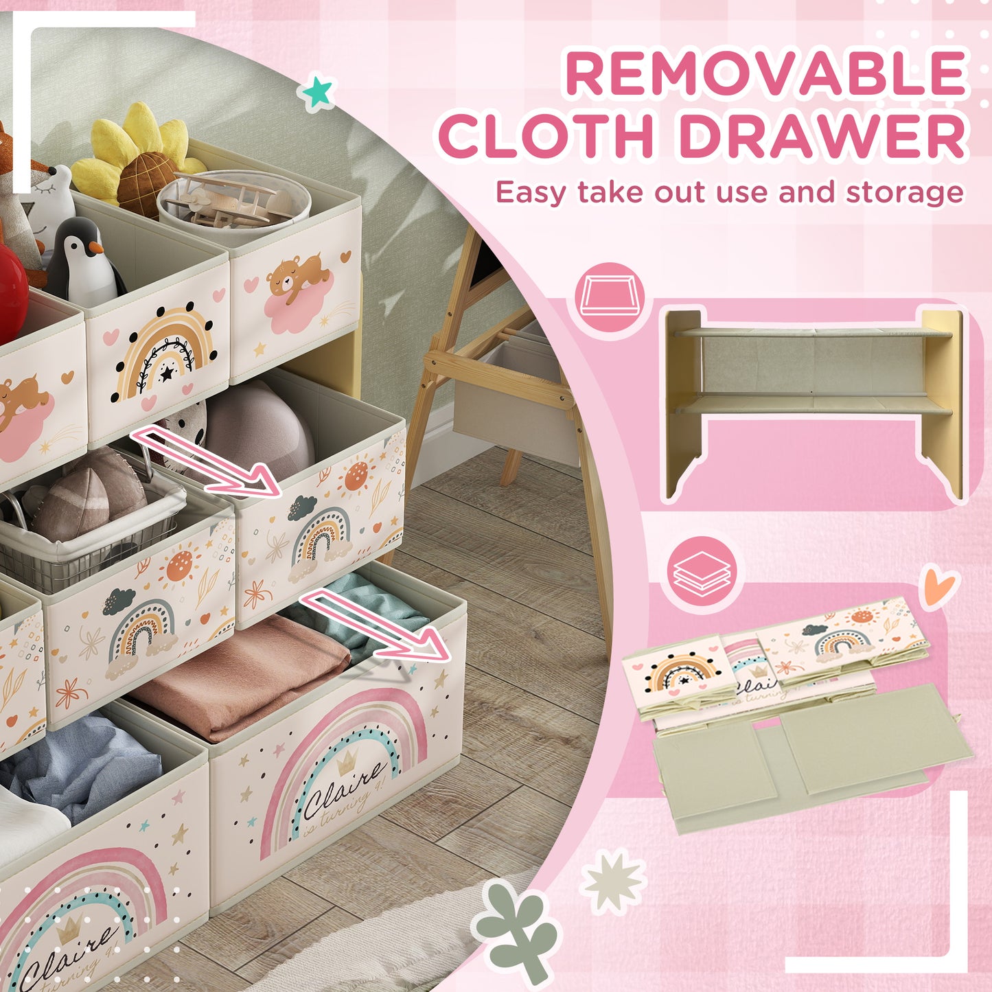 HOMCOM 3-tier kids storage unit with nine yellow fabric boxes for toys and books in a bedroom or nursery setting.