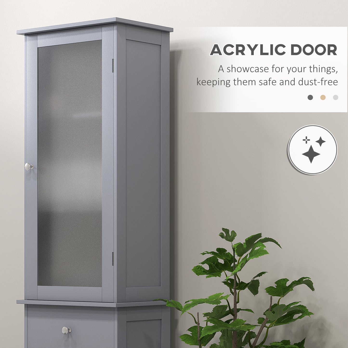 Grey HOMCOM bathroom storage cabinet with 3-tier shelves, drawer, door, and tall slim design for organized floor storage.
