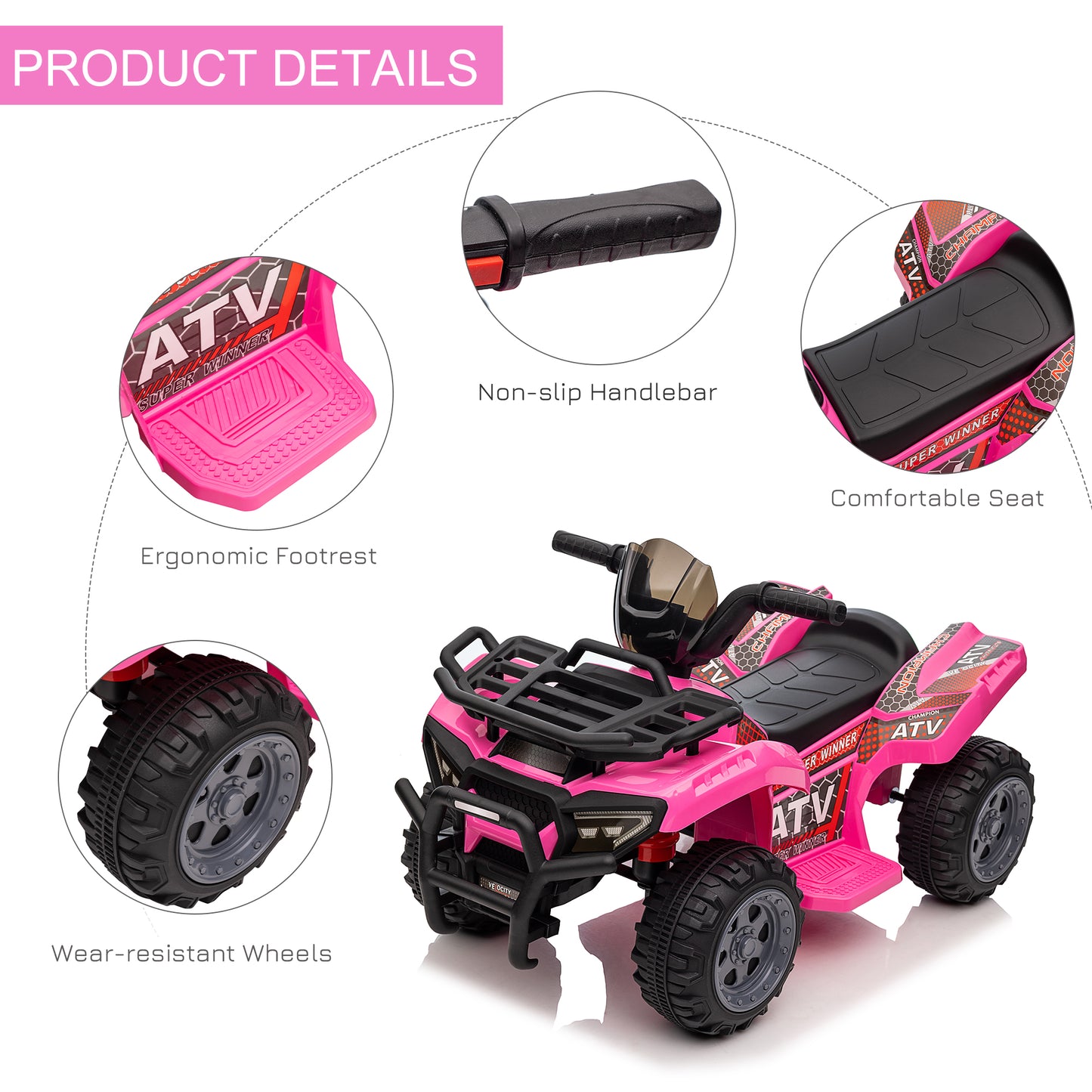Pink HOMCOM 6V kids electric ride-on car for toddlers, all-terrain quad bike with music, suitable for ages 18-36 months.