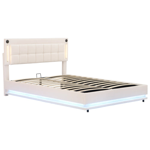 Beige 4ft6 double LED hydraulic bed frame with adjustable tufted headboard, built-in charging station, USB and Type-C ports by HOMCOM.