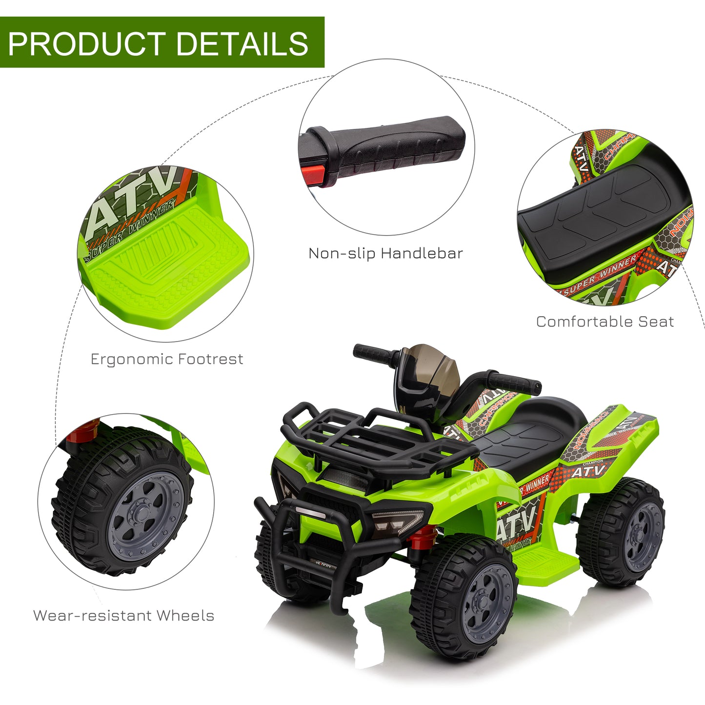 HOMCOM 6V kids electric ride-on car for toddlers, green all-terrain quad bike with music, suitable for ages 18-36 months.