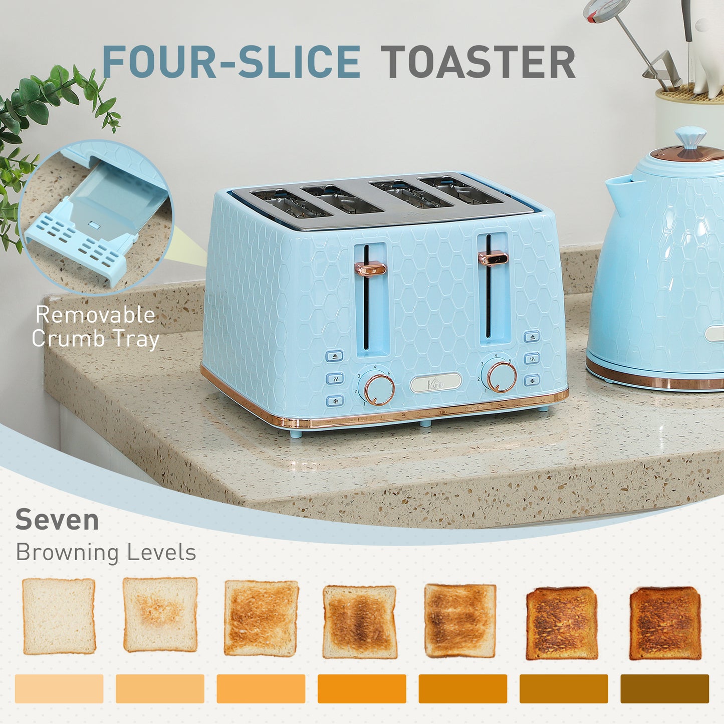 Light blue HOMCOM kettle and 4-slice toaster set with 7 browning levels, 1.7L jug, and 3000W fast boil in the image.