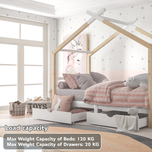 Kids Single Bed Frame with Storage – Solid Pine Wood House Canopy Design