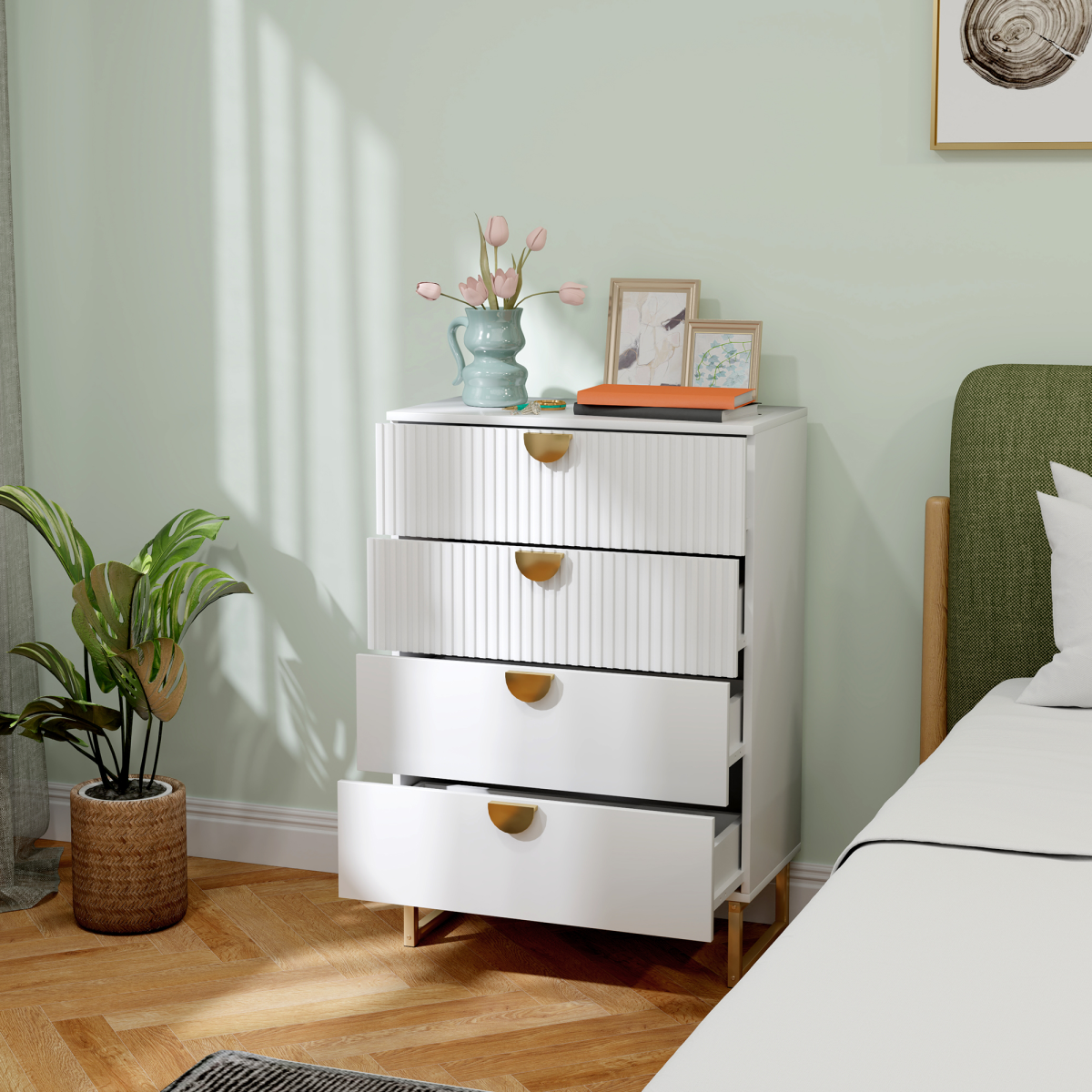 Chest of Drawers with 4 Drawers, Modern Dresser for Bedroom, White