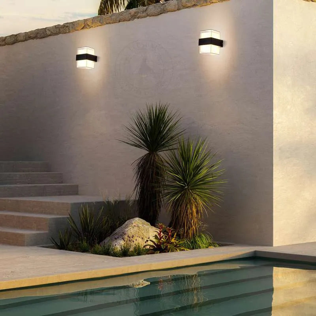LEDsone Cuboid Box 12W Up/Down IP54 LED Outdoor Wall Sconce Light mounted on exterior wall with modern design and black finish.
