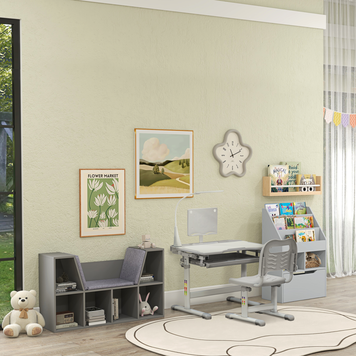 Kids Study Desk and Chair Set w/ USB Lamp, Adjustable Height - Grey