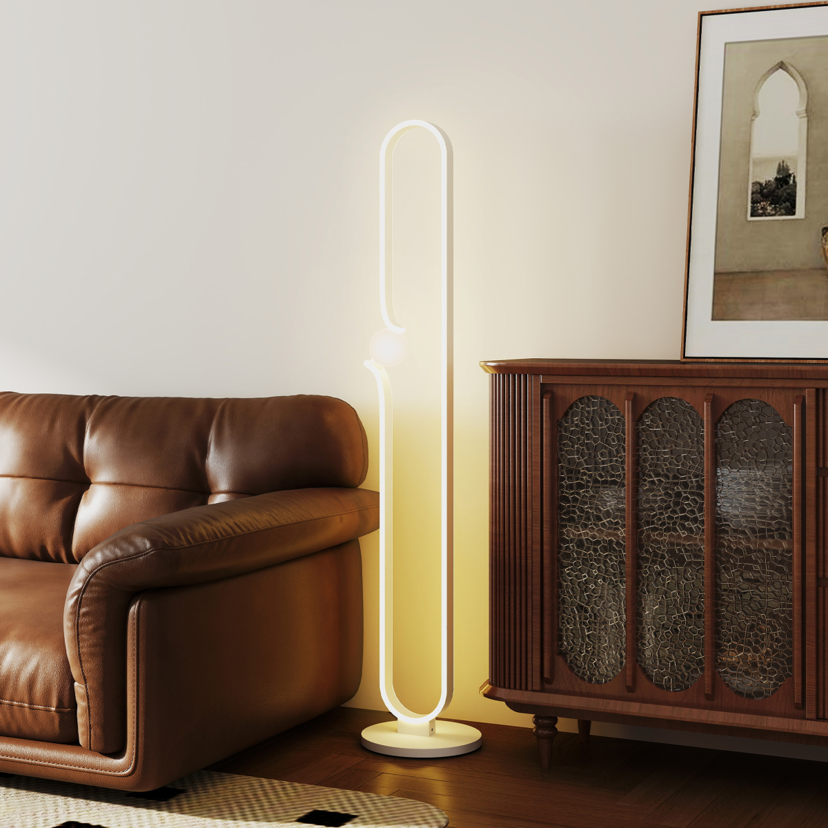 HOMCOM white dimmable LED floor lamp with glass night light and foot switch, standing upright in modern living room setting