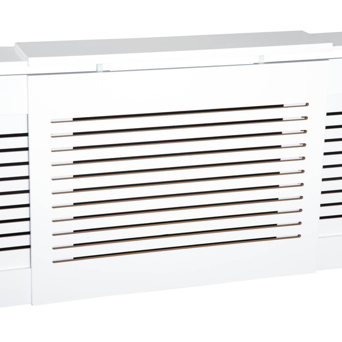 White extendable MDF radiator cover by HOMCOM, showing the sleek, modern design with adjustable panels and vented sides.