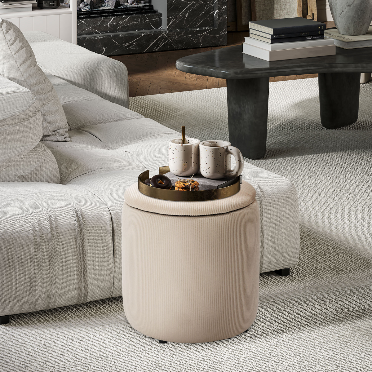 Modern Fabric Storage Ottoman with Removable Lid, Set of 2, Cream White