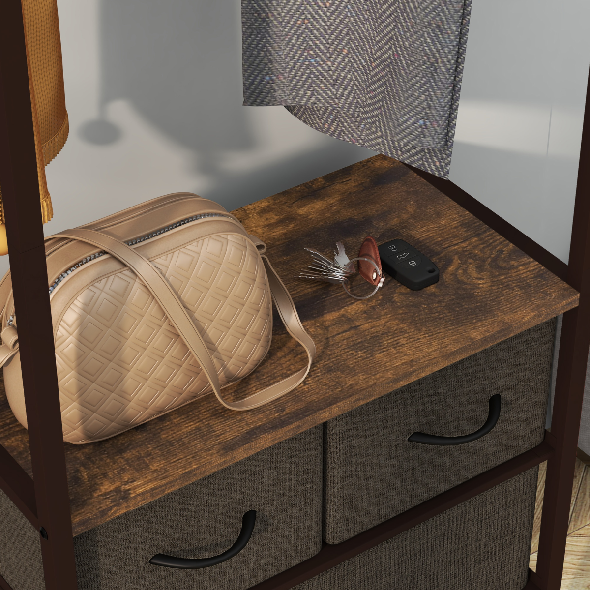 Clothes Hanging Rail with 3 Fabric Drawers Storage Shelves for Hallway