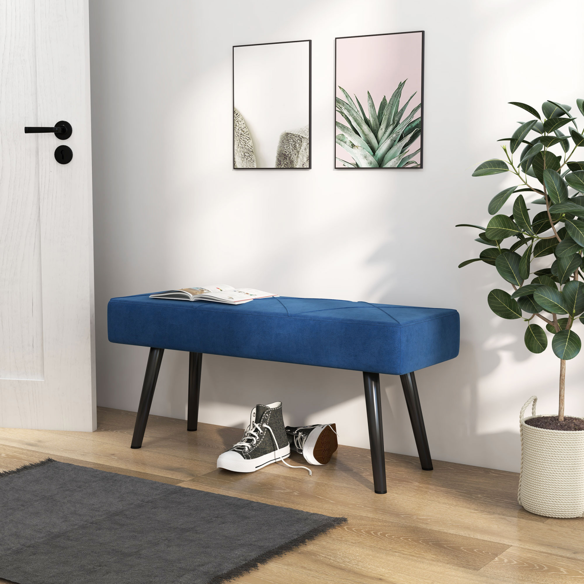 End of Bed Bench, Upholstered Hallway Bedroom with Steel Legs, Blue