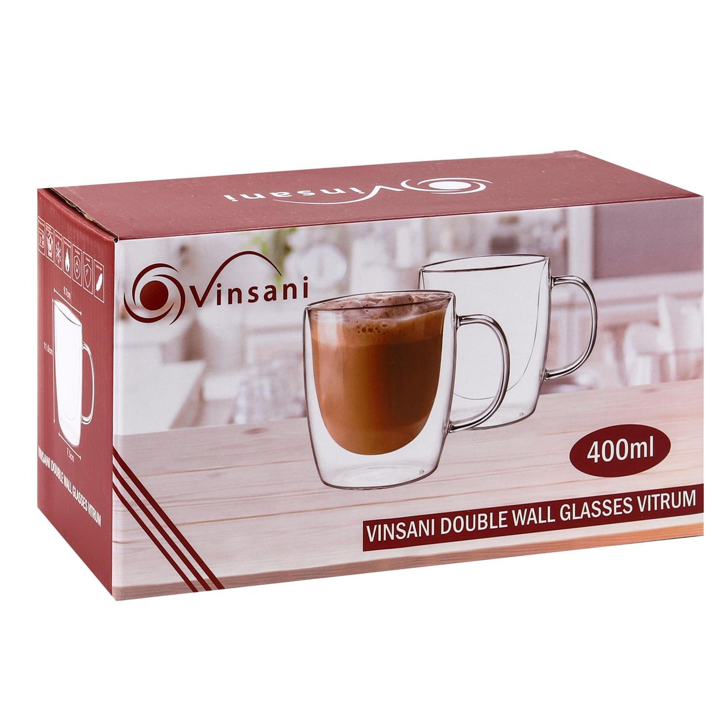 Set of two Vinsani double-walled glasses with 400ml capacity, showcasing clear, insulated glassware on a neutral background.