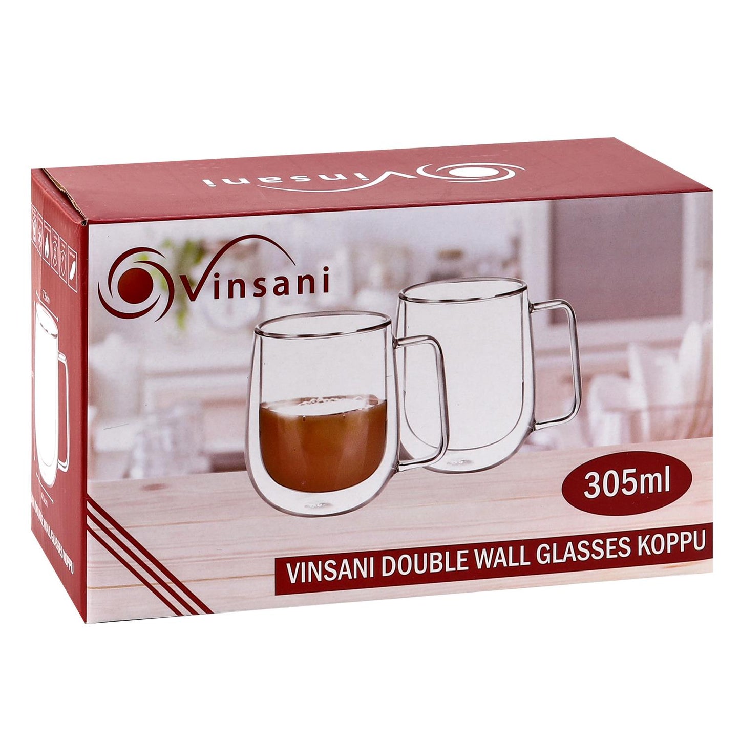 Set of two Vinsani double-walled 305ml glass cups, showcasing clear insulation and sleek design for hot or cold beverages.