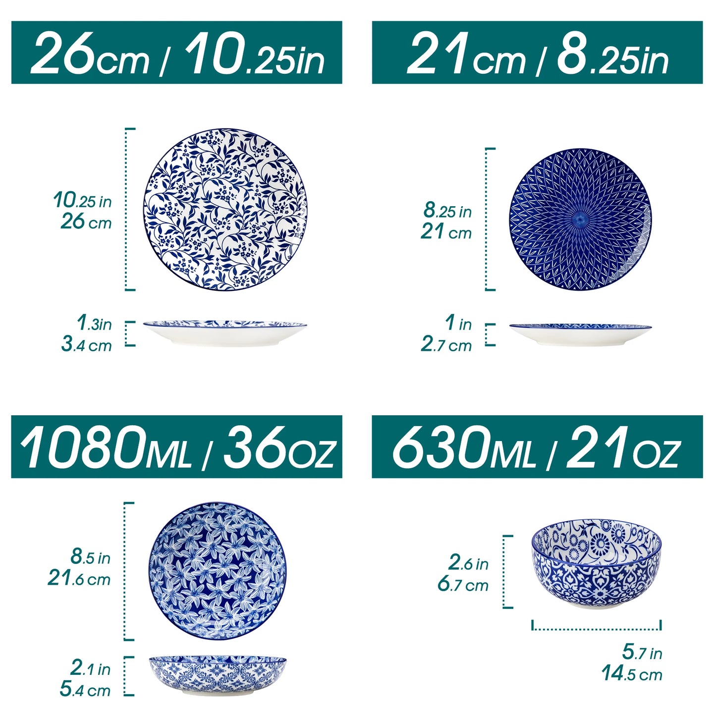 Livoshop blue and white Chinese porcelain plate set with 12/24/36 pieces including dinner plates, dessert plates, and cereal bowls