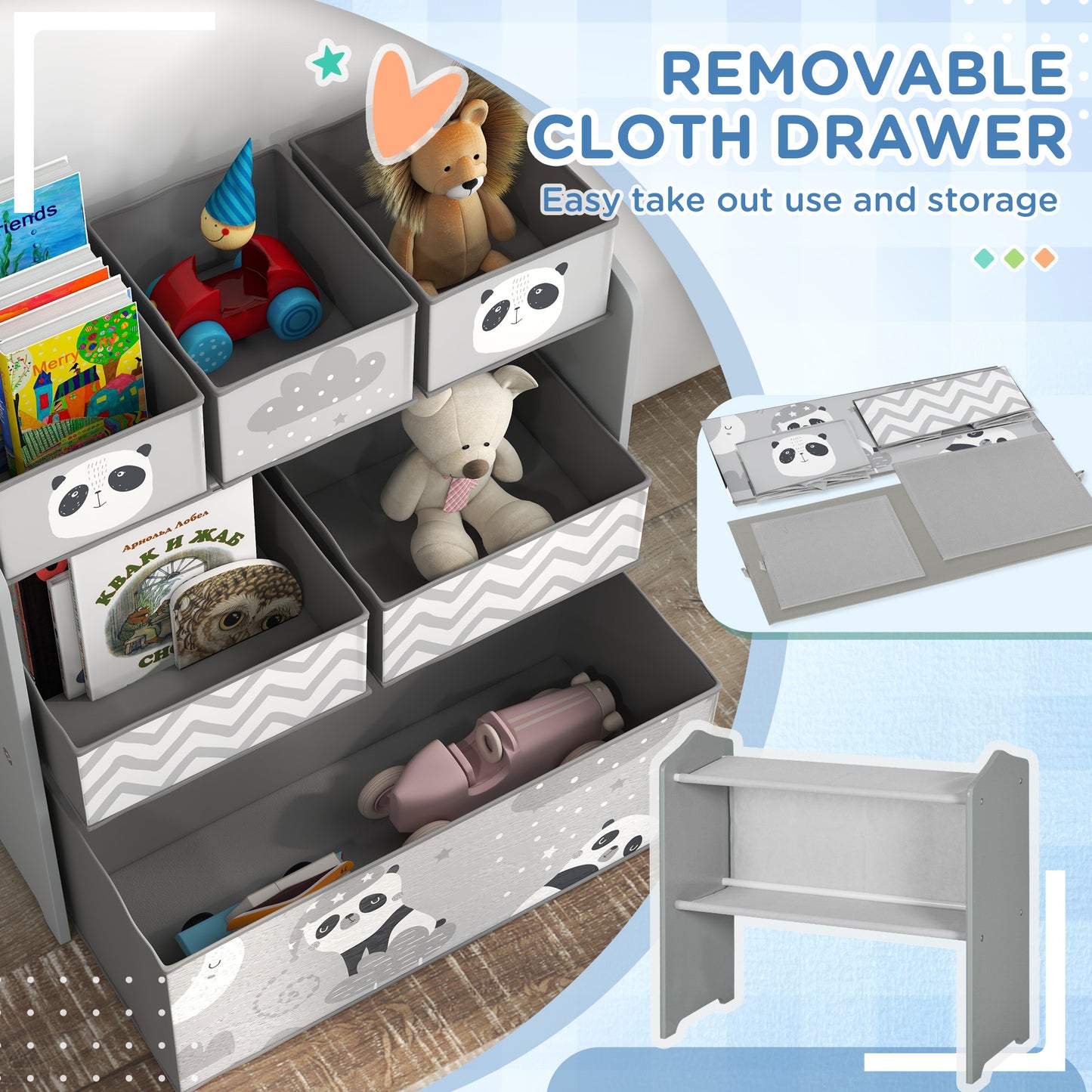 HOMCOM ZONEKIZ kids storage unit with six fabric bins, grey toy organiser for bedrooms, playrooms, and nurseries.