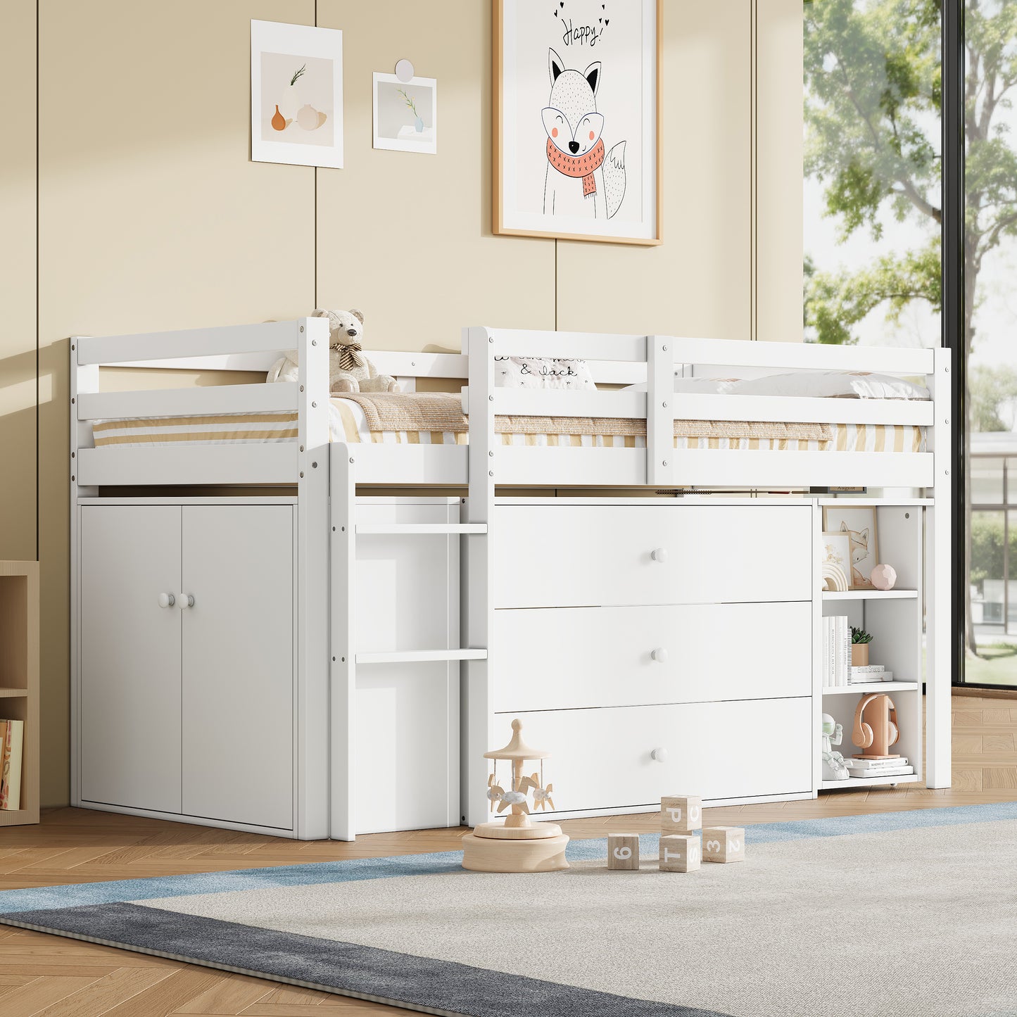 HOMCOM 3ft white wooden single bed with built-in desk, drawers, shelves, storage cabinet, and two-way installation for space-saving use