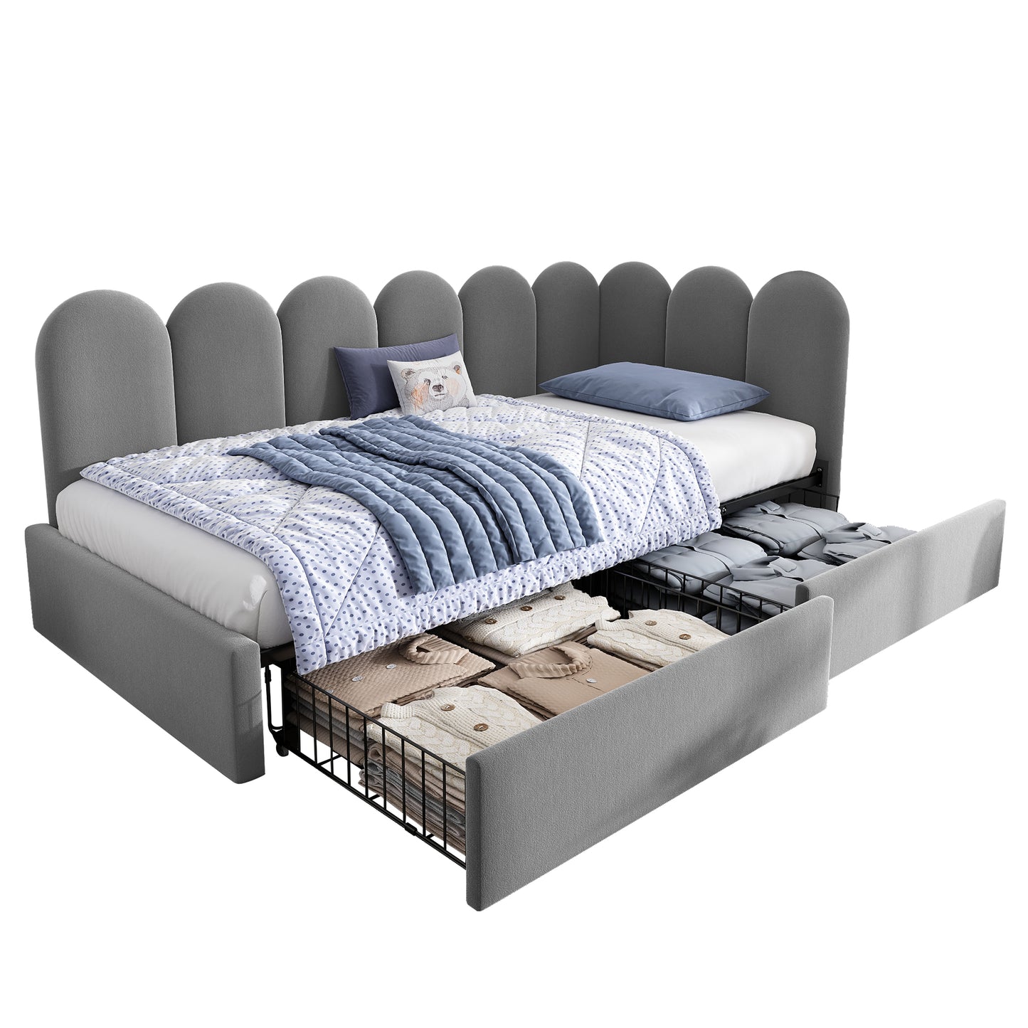 Grey upholstered kids’ daybed sofa bed with drawer storage, velvet fabric, slatted frame, suitable for children and adults.
