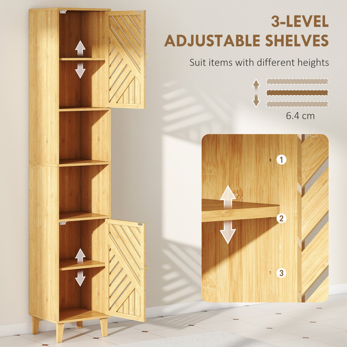 HOMCOM multi-storage bamboo bathroom cabinet with natural finish, featuring five doors and compartments for organized bathroom storage.