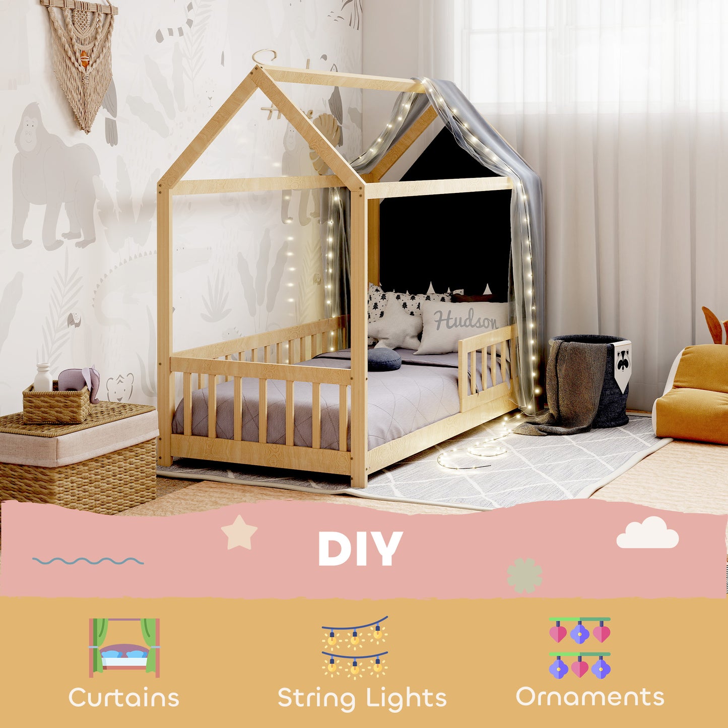 House-shaped kids bed frame with guard rails, made of solid pine wood, natural finish, designed for boys and girls.
