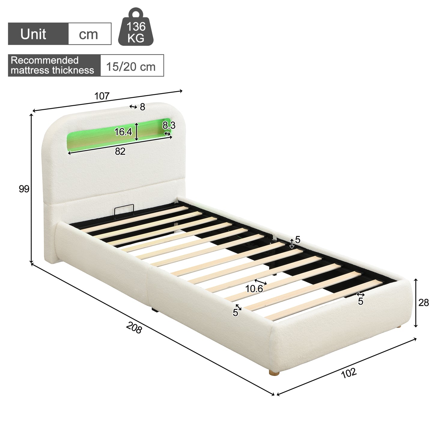 White upholstered single children's bed with headboard, LED lighting, hydraulic storage, solid wood legs, and boucle fabric.