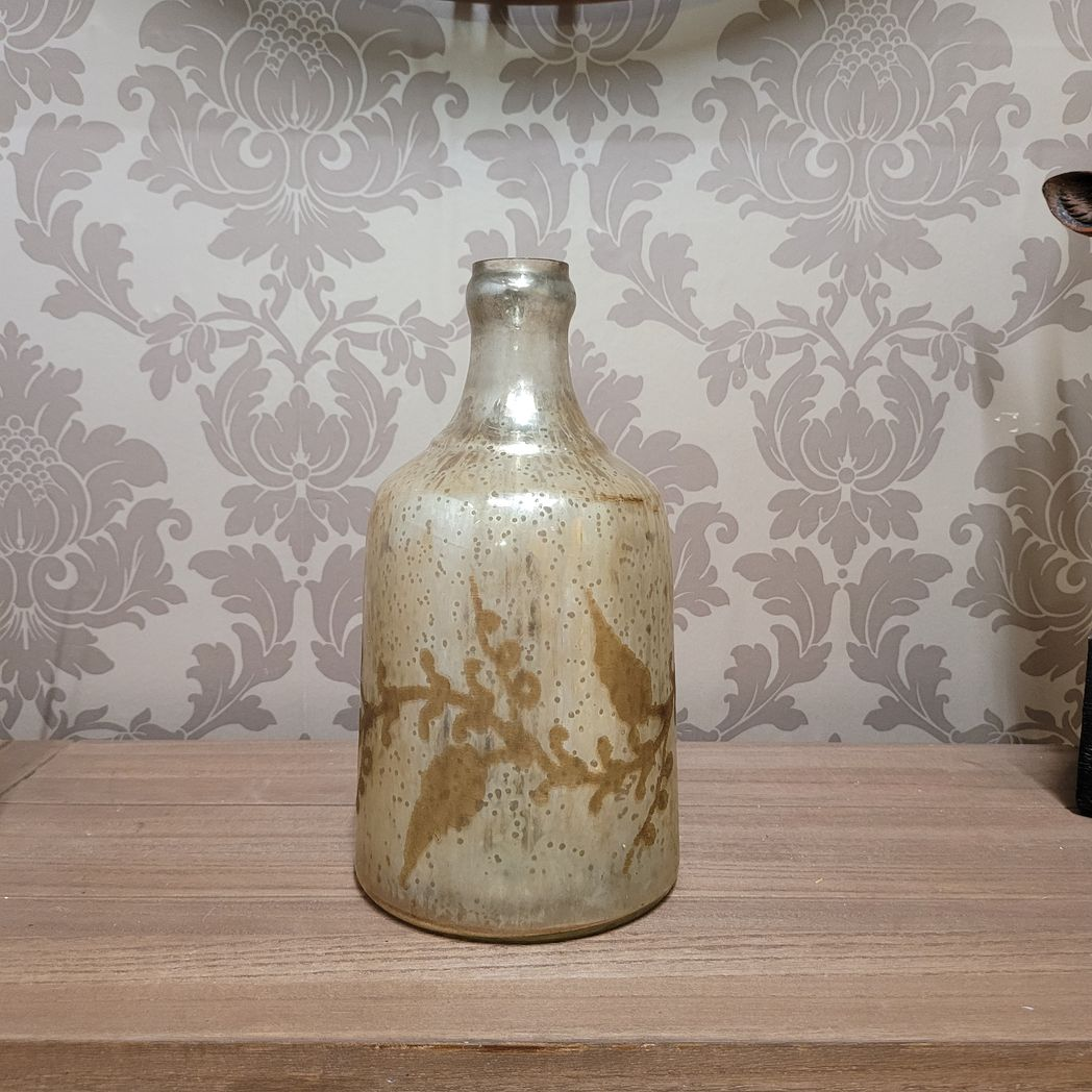 MSL 11-inch antique silver glass decorative vase with ornate design and vintage finish, perfect for elegant home decor.