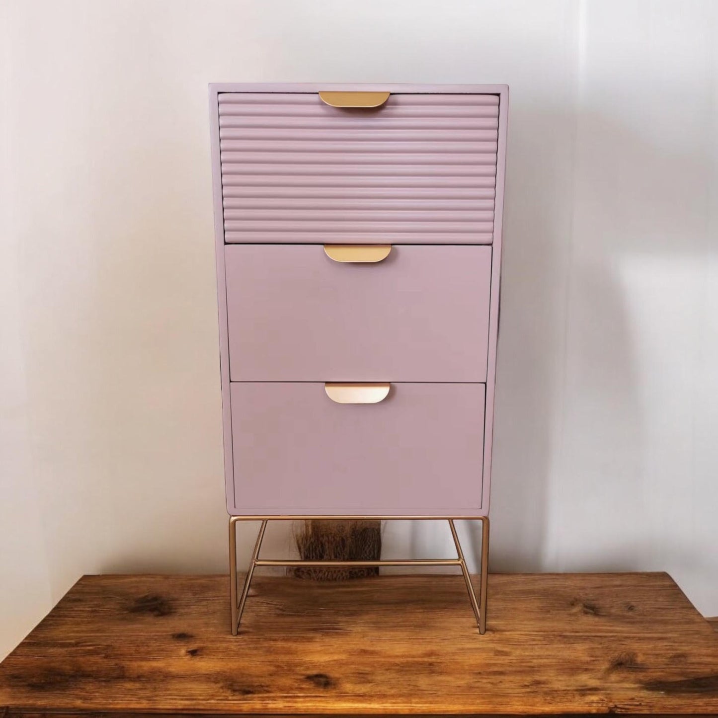 Pink Wooden Bedside Table with 3 Drawers – Scalloped Design Storage Unit