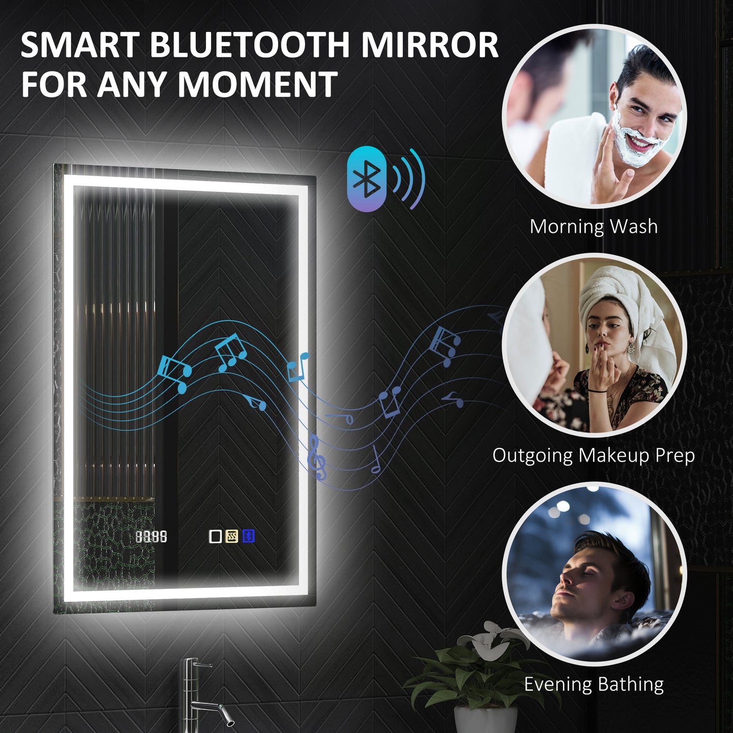 HOMCOM 50x70 cm silver anti-fog LED bathroom mirror with Bluetooth speakers and built-in clock, modern bathroom decor.