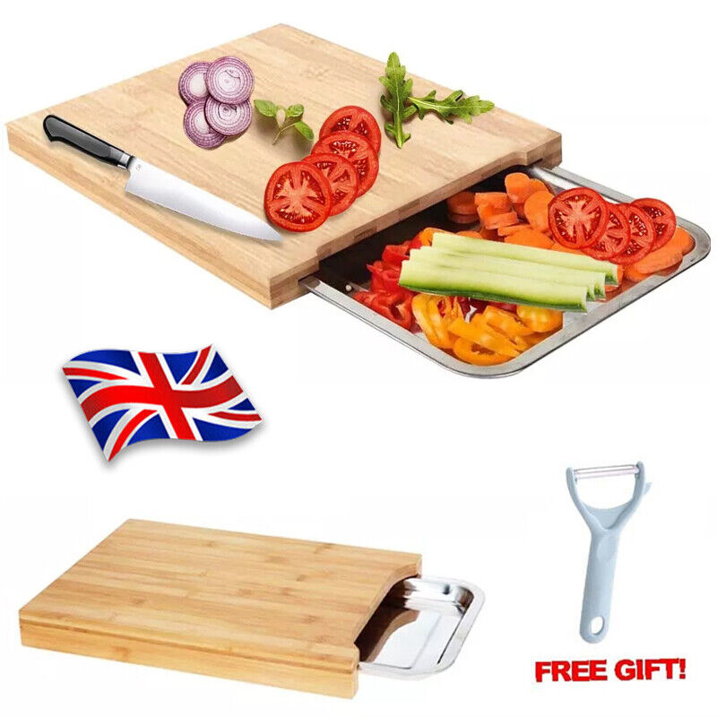 Bamboo Wooden Chopping Board Cutting Slicing Sliding Stainless Steel Tray