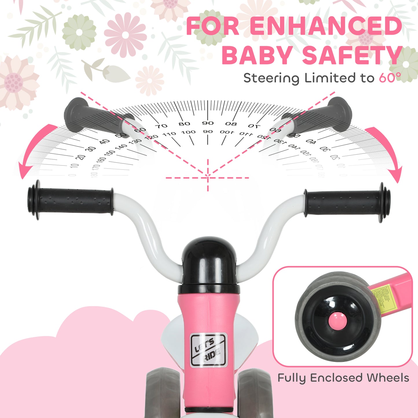 Pink toddler balance bike with no pedals, 3 silent wheels, suitable for ages 12-36 months, ideal for indoor and outdoor play by HOMCOM.