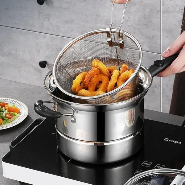 HOMCOM 4-piece non-stick chip pan set with deep fryer, cooking pot, frying basket, and lid for frying and soup preparation.