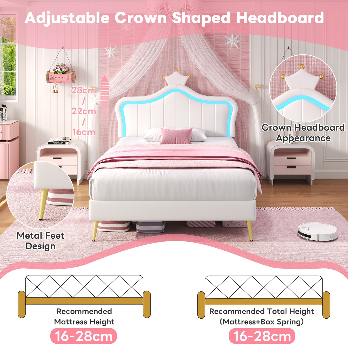 Cream white 3ft upholstered bed with LED crown-shaped headboard, PU leather frame, solid wood slats, no box spring, easy to assemble.