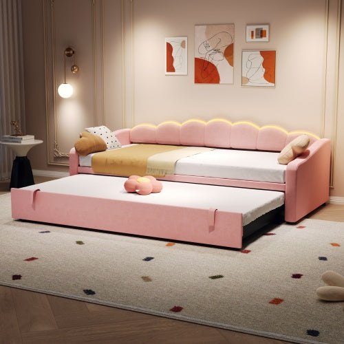 Pink velvet petal-shaped upholstered daybed with RGB LED lighting and pull-out trundle, 3ft single bed by eprolo.