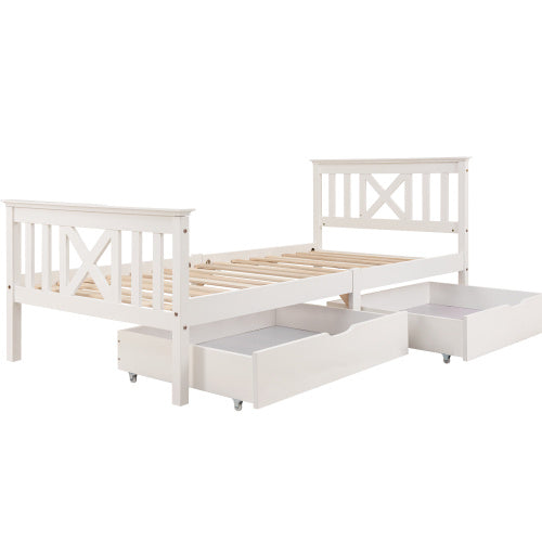 White wooden single bed frame with built-in drawers made of solid pine, ideal for 3ft storage bedroom furniture.