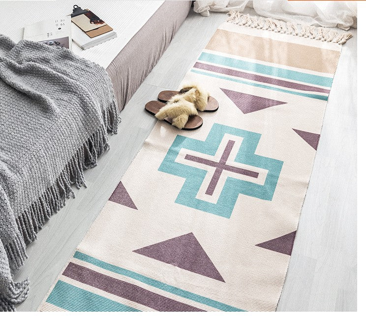 Homcom hand-woven cotton and linen bohemian rug with geometric pattern, long floor accessory for living room decor.