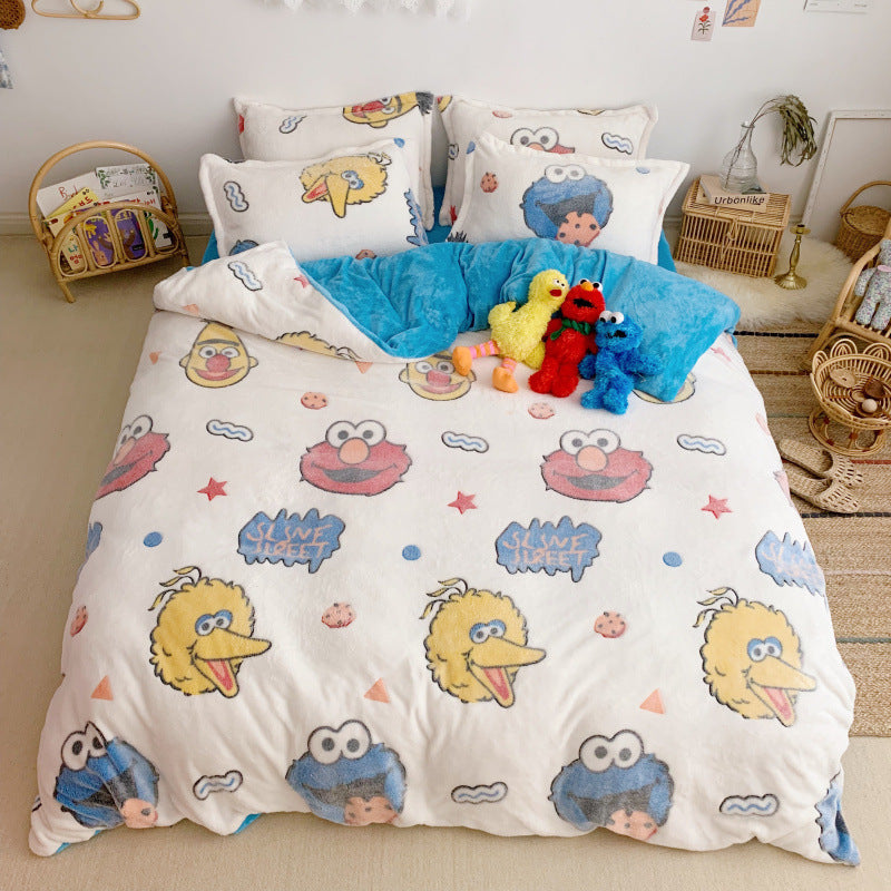 HOMCOM thick and warm snow fleece four-piece cartoon bedding set with cozy fleece material and playful winter-themed designs.