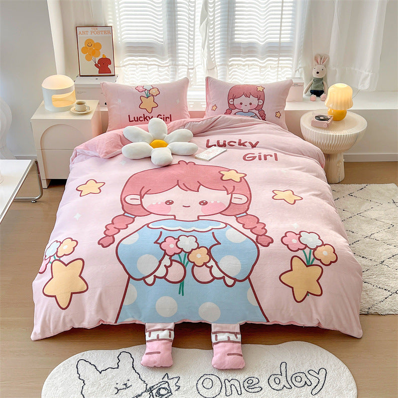 HOMCOM cartoon thickened milk velvet four-piece bedding set with colorful rainbow design on a flat sheet and matching pillowcases