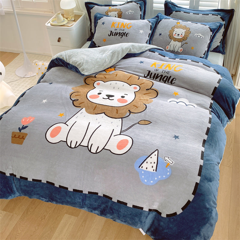 HOMCOM cute cartoon milk velvet bedding set of four with dinosaur and star patterns on soft, colorful sheets for kids' bedroom decor