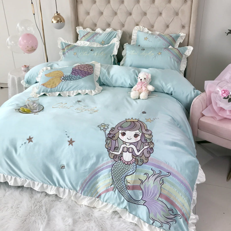 HOMCOM Mermaid Cotton four-piece single bedding set with embroidery, featuring a white flat sheet and matching pillowcases.