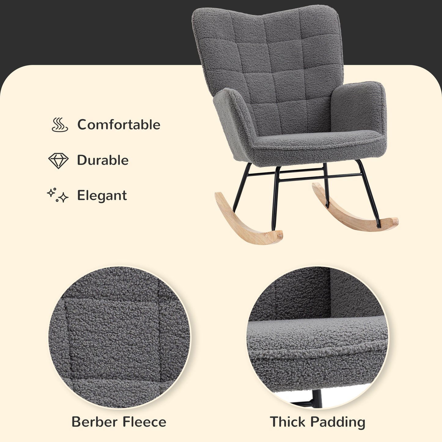 Dark grey HOMCOM Berber fleece nursery glider rocker with wingback design, ideal for nursing and living room relaxation.