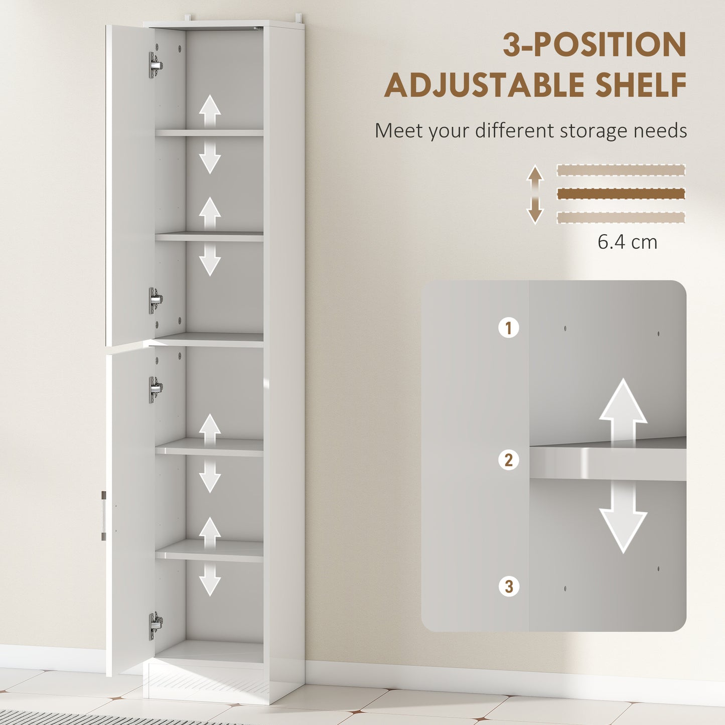 HOMCOM Kleankin tall bathroom cabinet with high gloss white finish, mirror, and adjustable shelf for bathroom storage.