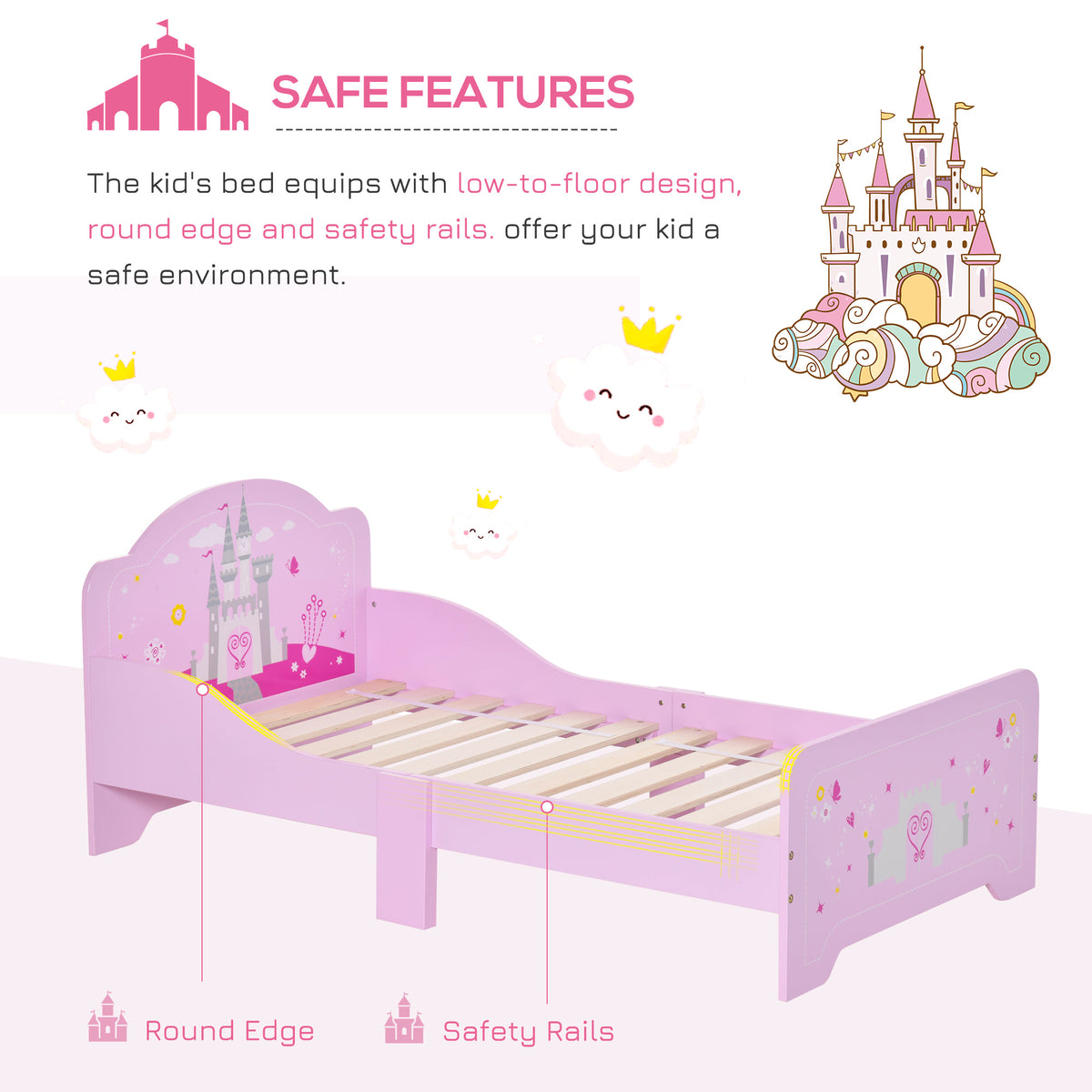 Pink kids bed with princess castle theme, side rails, slats, suitable for ages 3-6, HOMCOM home furniture in 143x73x60 cm size.