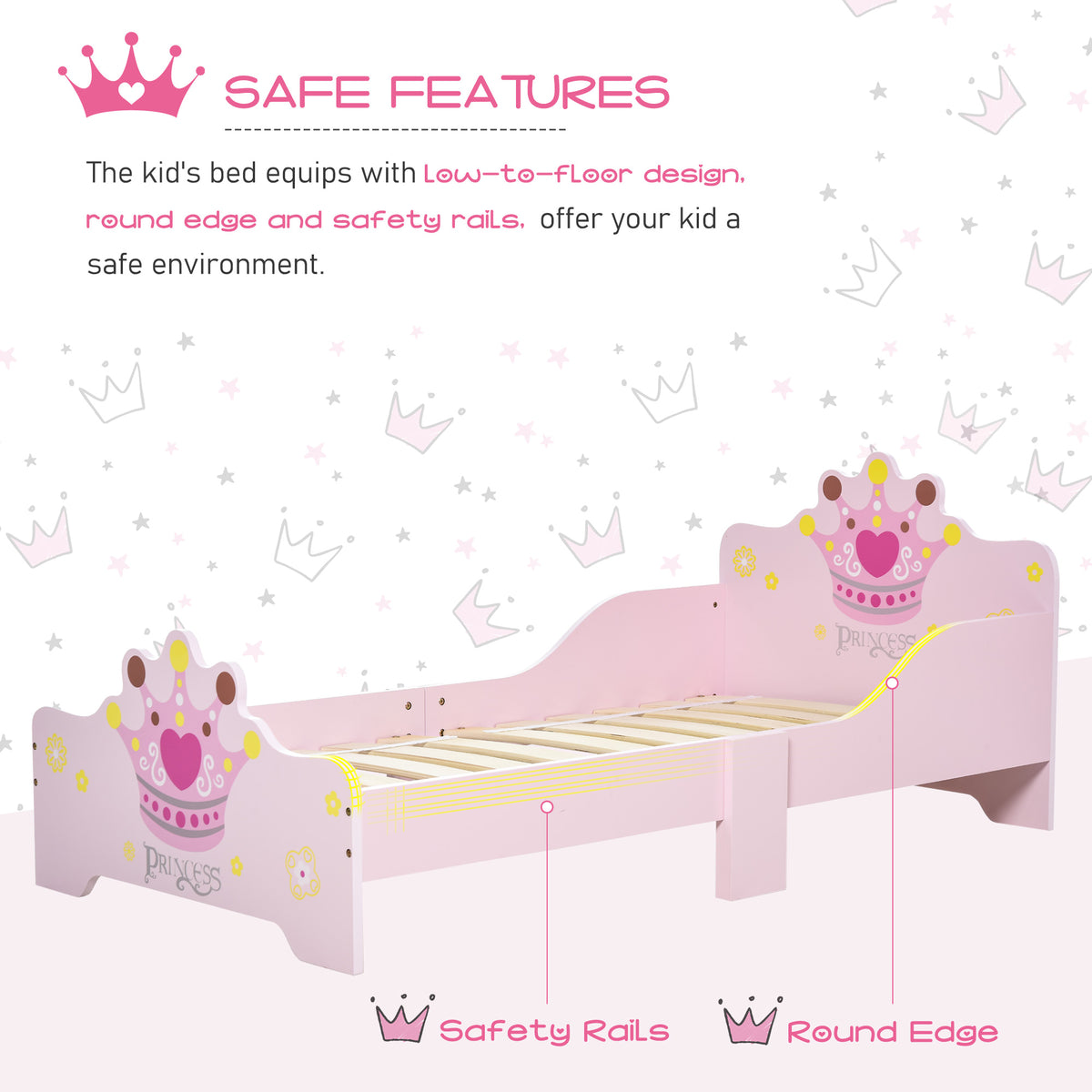 Pink kids toddler bed with princess crown theme, safety side rails, suitable for boys and girls aged 3-6, with slats and dimensions 143x73x60 cm.